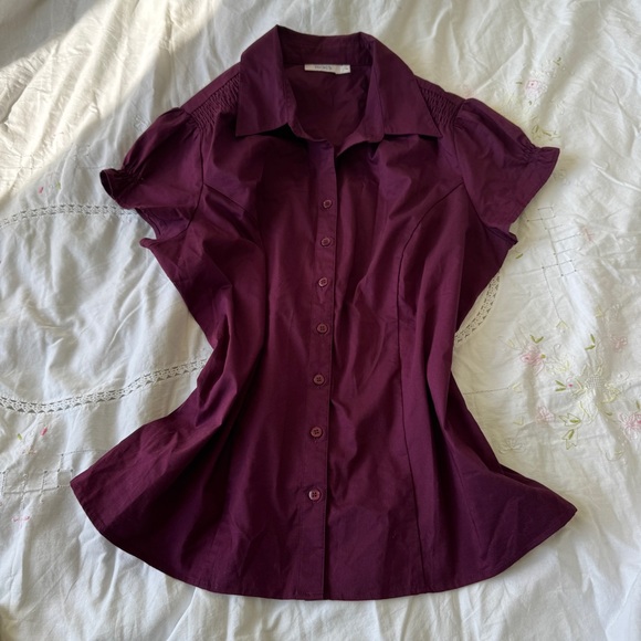 Ricki's Tops - Rickis Y2K Plum Burgundy Cap Sleeve Button Up Blouse Size 14